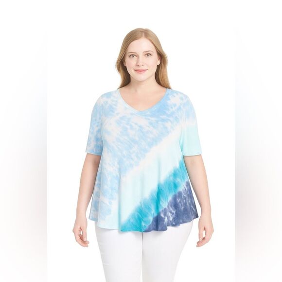 Lane Bryant Aqua Blue Tie-Dye Swing Tunic Top V-Neck Perfect Sleeve Plus 14/16 - Picture 1 of 7